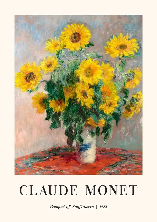 Een product van CollageDepot getiteld "ccc 075 - bekende schilders" uit 1881. Het toont een vaas gevuld met heldere, gele zonnebloemen tegen een gestructureerde achtergrond. Hieronder staan de naam van de kunstenaar en de titel van het schilderij.-