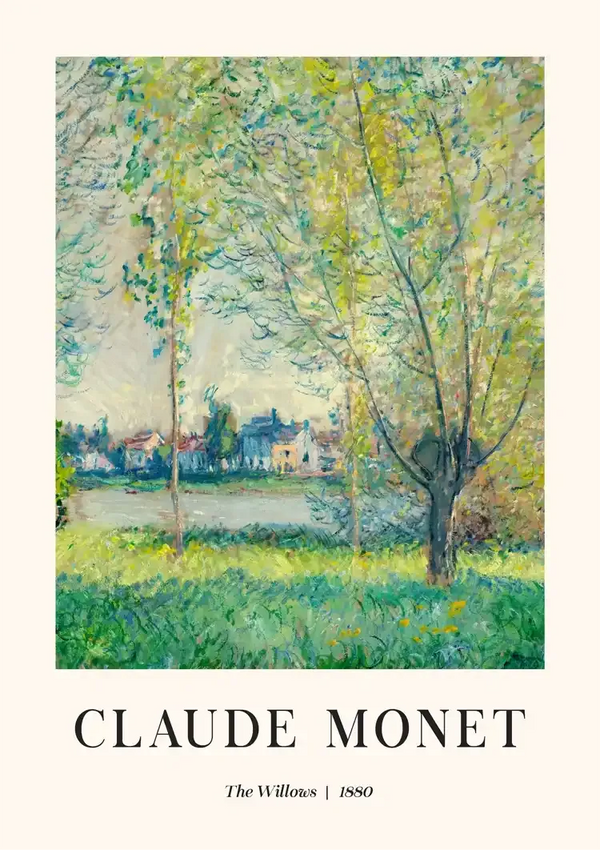 Een CollageDepot-product met de titel "ccc 076 - bekende schilders" met een schilderij van Claude Monet met de titel "The Willows" uit 1880. De afbeelding toont een weelderig landschap met dichte bomen op de voorgrond en een sereen dorpsgezicht op de achtergrond. De kleuren zijn zacht en impressionistisch, typerend voor de stijl van Monet.-