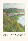 Een *ccc 095 - bekende schilders* van *CollageDepot* getiteld "Gezicht op Vétheuil, 1880" met een afbeelding van een landschap met een rivier, glooiende heuvels, groen en een dorp met gebouwen aan de waterkant, allemaal weergegeven in een impressionistische stijl.-