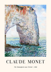 Een product van Claude Monet met de titel "De Manneporte bij Étretat" uit 1886. Het kunstwerk toont een grote, natuurlijke rotsboogformatie bij de zee waar golven tegenaan botsen, afgebeeld in de karakteristieke impressionistische stijl van Monet, is nu verkrijgbaar als ccc 098 - bekende schilders van CollageDepot.-