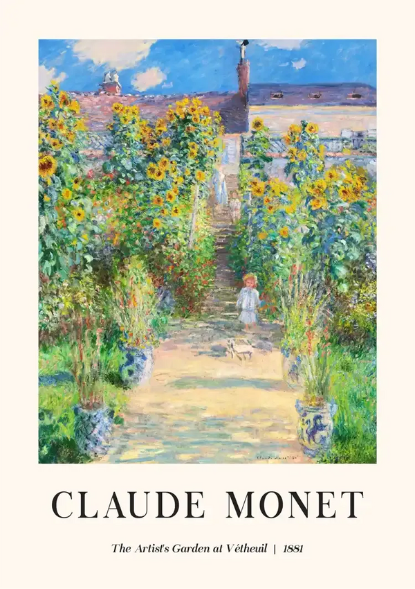 Een schilderij van Claude Monet getiteld "The Artist's Garden at Vétheuil" uit 1881, te zien in het ccc 099 - bekende schildersproduct van CollageDepot, toont een tuintafereel met zonnebloemen aan weerszijden van een pad dat naar een huis leidt. We zien een vrouw en een kind richting het huis lopen.-