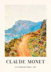Een landschapsschilderij van Claude Monet met de titel "La Corniche nabij Monaco", gemaakt in 1884. Het kunstwerk toont een kustpad omgeven door kleurrijke vegetatie met bergen en de zee op de achtergrond. Het schilderij is ingelijst met een beige rand, onderdeel van de collectie ccc 100 - bekende schilders van CollageDepot.-