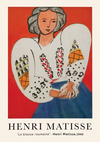 Een schilderij van Henri Matisse met de titel "La blouse roumaine" uit 1940. Het toont een vrouw met grijs haar, gekleed in een traditionele Roemeense blouse met ingewikkelde patronen, tegen een rode achtergrond. De tekst onderaan luidt "HENRI MATISSE" en geeft het werk een titel. Deze maakt deel uit van de collectie ccc 105 - bekende schilders van CollageDepot.-