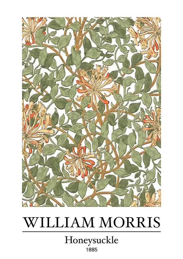 Een botanisch printontwerp van William Morris met de titel "Honeysuckle", gemaakt in 1885. De afbeelding toont ineengestrengelde kamperfoelieranken met groene bladeren en oranjeroze bloemen op een lichte achtergrond. Tekst onderaan luidt: "CollageDepot ccc 111 - bekende schilders.-