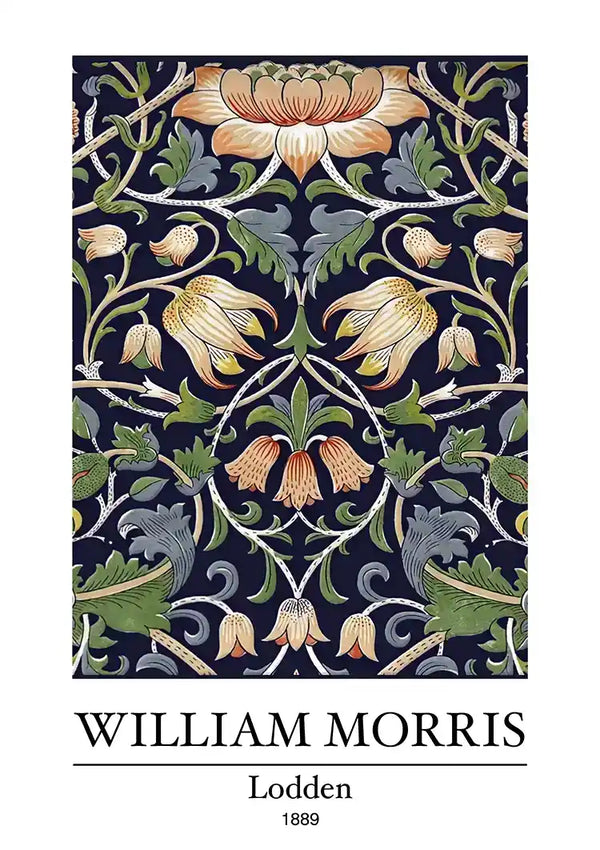 Er wordt een gedetailleerd bloemmotief getoond, ontworpen door William Morris. Het ontwerp, getiteld "Lodden", bevat met elkaar verweven bloemen en bladeren in de kleuren oranje, groen en beige tegen een donkere achtergrond. Onder de afbeelding staat de tekst "CollageDepot" en "ccc 112 - bekende schilders 1889.-
