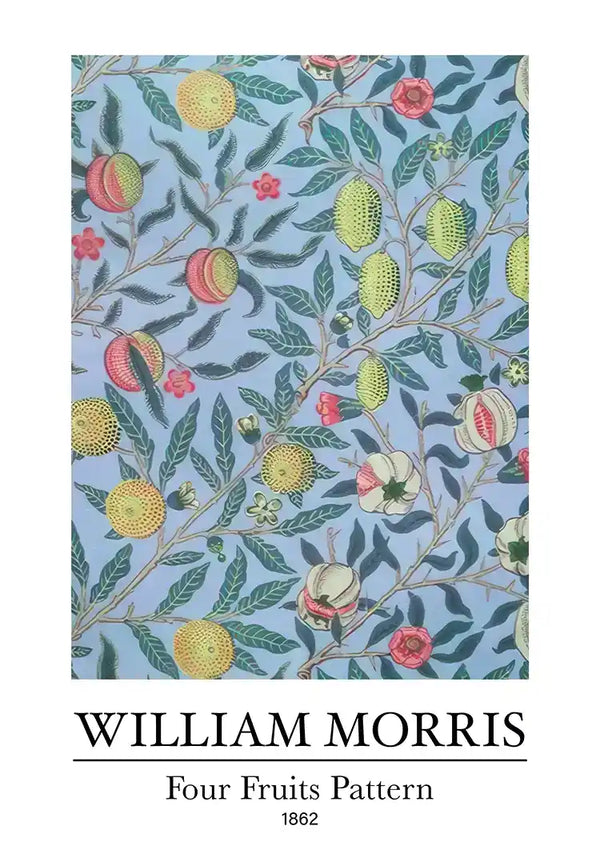 Het "W. Morris Fruits Pattern Schilderij", een decoratief ontwerp van William Morris uit 1862, toont appels, citroenen en ander fruit tegen een lichtblauwe achtergrond. Deze natuurlijke, symmetrische opstelling dient als boeiende wanddecoratie en kan prachtig worden weergegeven met behulp van een magnetisch ophangsysteem van CollageDepot.