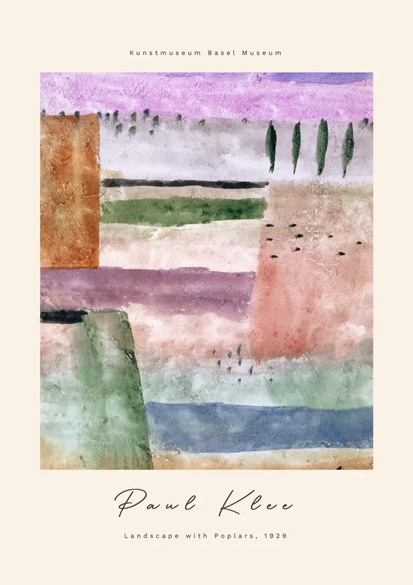 Abstract schilderij van Paul Klee getiteld 'Landschap met populieren, 1929.' Het kunstwerk heeft geometrische vormen in pastelkleuren met delen van paarse, groene en aardse tinten. Het wordt weergegeven met bovenaan het opschrift “Kunstmuseum Basel Museum”. Productnaam: **cdd 006 - klee** Merknaam: **CollageDepot**-
