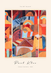 Een schilderij met de titel "Temple Gardens, 1920" van Paul Klee, te zien in het MET Museum. Het kunstwerk bevat abstracte vormen en levendige kleuren en vormt een compositie van geometrische vormen en patronen. De naam van de kunstenaar staat cursief geschreven onder de cdd 010 - klee van CollageDepot.-