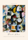 Een abstract schilderij van Paul Klee met de titel "Compositie met de gele halve maan en de Y, 1918." Het kunstwerk heeft geometrische vormen en een mix van kleuren, waaronder geel, blauw, zwart en roze. De tekst hierboven luidt "cdd 012 - klee" van CollageDepot.-