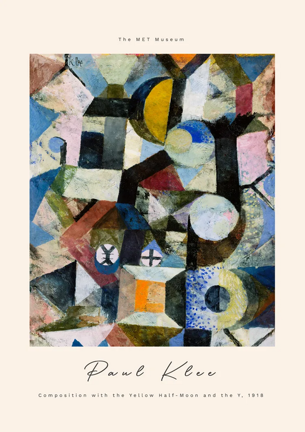 Een abstract schilderij van Paul Klee met de titel "Compositie met de gele halve maan en de Y, 1918." Het kunstwerk heeft geometrische vormen en een mix van kleuren, waaronder geel, blauw, zwart en roze. De tekst hierboven luidt "cdd 012 - klee" van CollageDepot.-