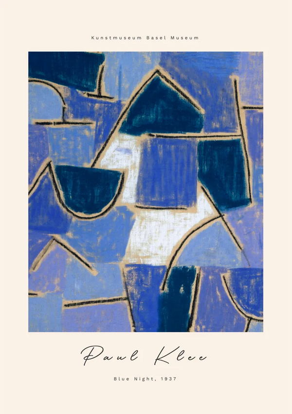 Een abstract schilderij getiteld "cdd 014 - klee" van CollageDepot, weergegeven met bovenaan de tekst "Kunstmuseum Basel Museum". Het kunstwerk bevat geometrische vormen en vormen in verschillende tinten blauw, wit en zwart.-