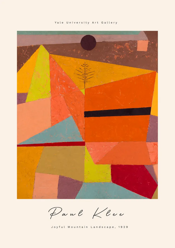 Een kleurrijk abstract schilderij met verschillende geometrische vormen van Paul Klee, getiteld "Joyful Mountain Landscape, 1929." Het kunstwerk bevat een mix van levendige kleuren en een klein boomachtig figuur. De tekst hierboven luidt: "Yale University Art Gallery."Ervaar de artistieke genialiteit met cdd 017 - klee van CollageDepot!-