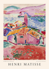 Een kleurrijk schilderij toont een kustplaatsje met huizen, een toren en water op de achtergrond. De penseelstreken zijn levendig en expressief, met verschillende tinten rood, roze, groen en blauw. De tekst onderaan luidt: "Henri Matisse - Hermitage Museum - Les toits de Collioure." Dit kunstwerk maakt deel uit van de collectie ccc 143 - bekende schilders van CollageDepot.
