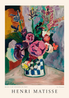 Een levendig schilderij met een kleurrijk boeket bloemen in een geruite vaas. De achtergrond bevat abstracte en levendige kleuren. De tekst onderaan luidt "ccc 145 - bekende schilders" met links aanvullende informatie over CollageDepot.