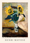 Een schilderij van Henri Matisse met de titel "Vaas met zonnebloemen" toont twee zonnebloemen in een vaas. Het kunstwerk heeft opvallende penseelstreken in de kleuren geel, groen en blauw, waarbij de achtergrond opgaat in het bloemstuk. Het schilderij is te zien in het Staatsmuseum de Hermitage en maakt deel uit van de collectie van CollageDepot onder de productnaam ccc 153 - bekende schilders.