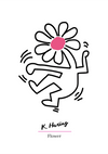 Illustratie van een figuur van Keith Haring, afgebeeld als een eenvoudige, zwarte lijntekening. De figuur schopt vrolijk zijn benen in de lucht met een grote, roze bloem als hoofd, tegen een witte achtergrond. Dit kunstwerk is opgenomen in de product 003 - bestsellerscollectie van CollageDepot.-