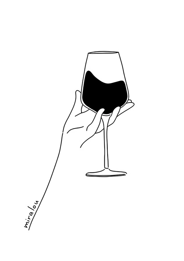 Een zwart-witte lijntekening toont een hand die een wijnglas vasthoudt gevuld met donkere vloeistof. De tekening is minimalistisch, met strakke lijnen en eenvoudige detaillering. Perfect als minimalistisch wanddecor, de naam "Abstract Wine Glass Schilderij" van CollageDepot staat in de linkerbenedenhoek geschreven.-