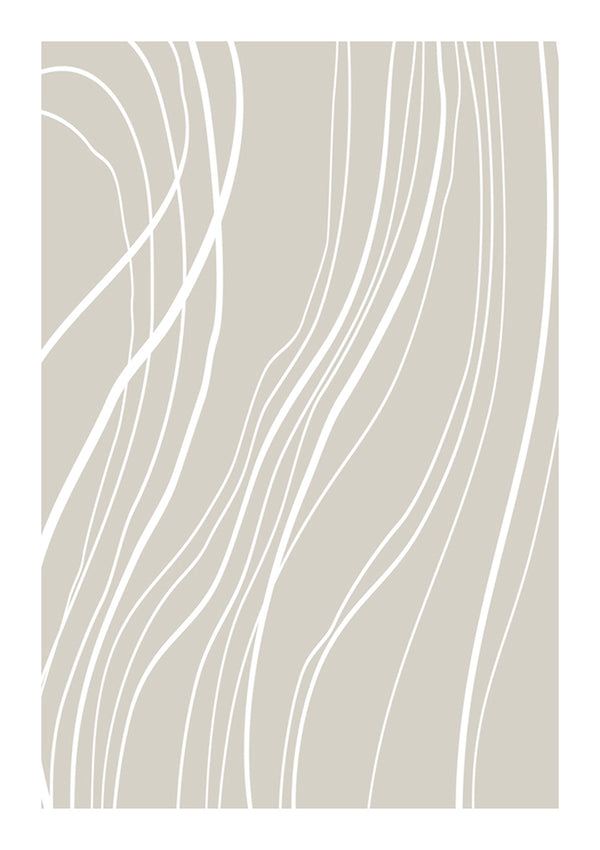 Abstracte kunst met witte ronde lijnen op een gedempte beige achtergrond, die een minimalistisch ontwerp vertegenwoordigt dat vloeiende bewegingen of zachte golven suggereert, doet denken aan CollageDepot's product 011 - bestsellers.-