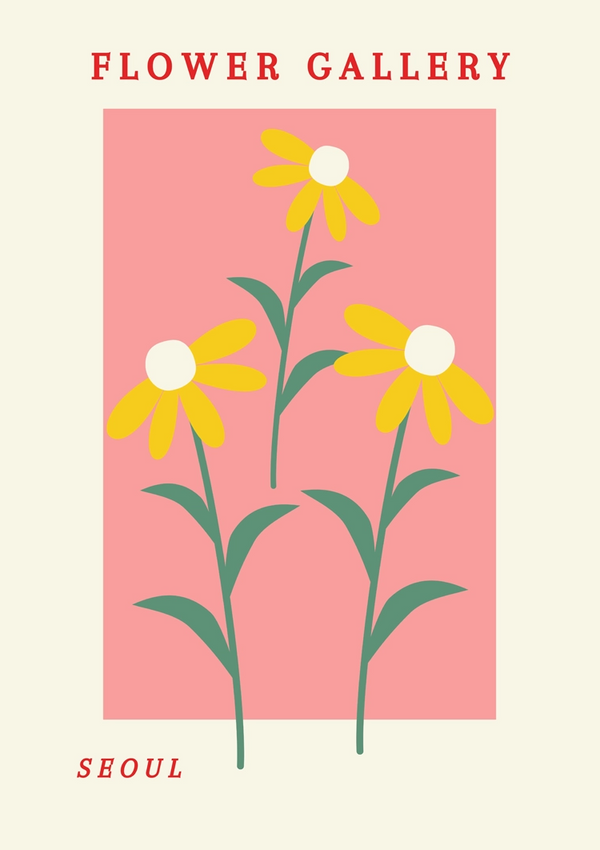 Illustratie van drie eenvoudige, gestileerde madeliefjes met gele bloemblaadjes en groene stengels tegen een roze achtergrond, getiteld "CollageDepot 012 - bestsellers" onderaan.-