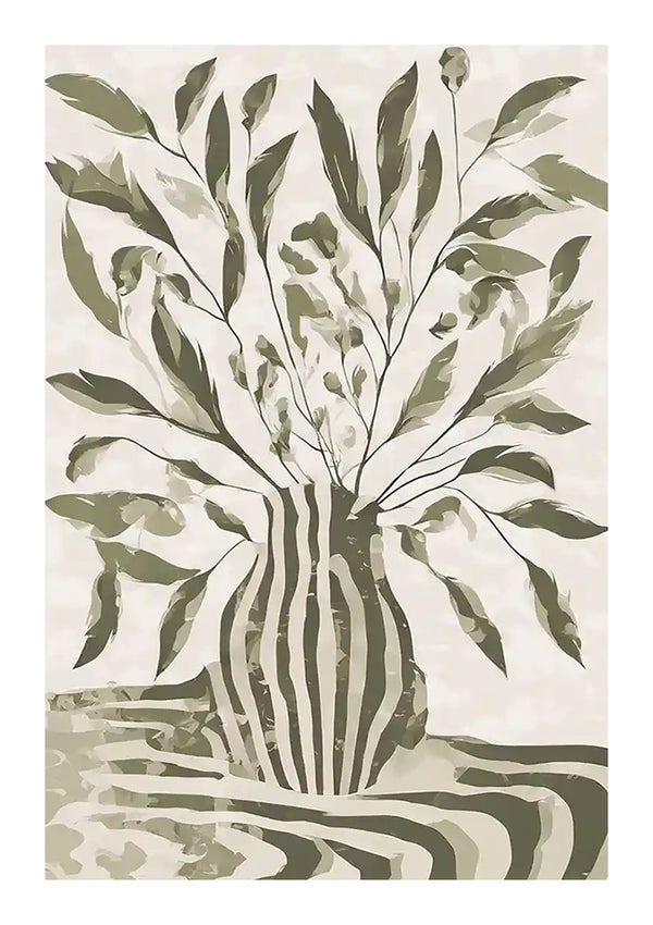 Een monochrome afbeelding van een plant met lange bladeren in een gestreepte vaas, afgebeeld in verschillende tinten beige en grijs, tegen een lichtbeige achtergrond uit de bestsellerscollectie van CollageDepot.-