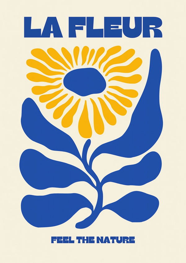 Grafische poster met opvallend blauw en geel ontwerp met bovenaan een abstracte bloem met de titel "LA FLEUR" en onderaan de slogan "FEEL THE NATURE" uit CollageDepot's product 016 - bestsellers.-