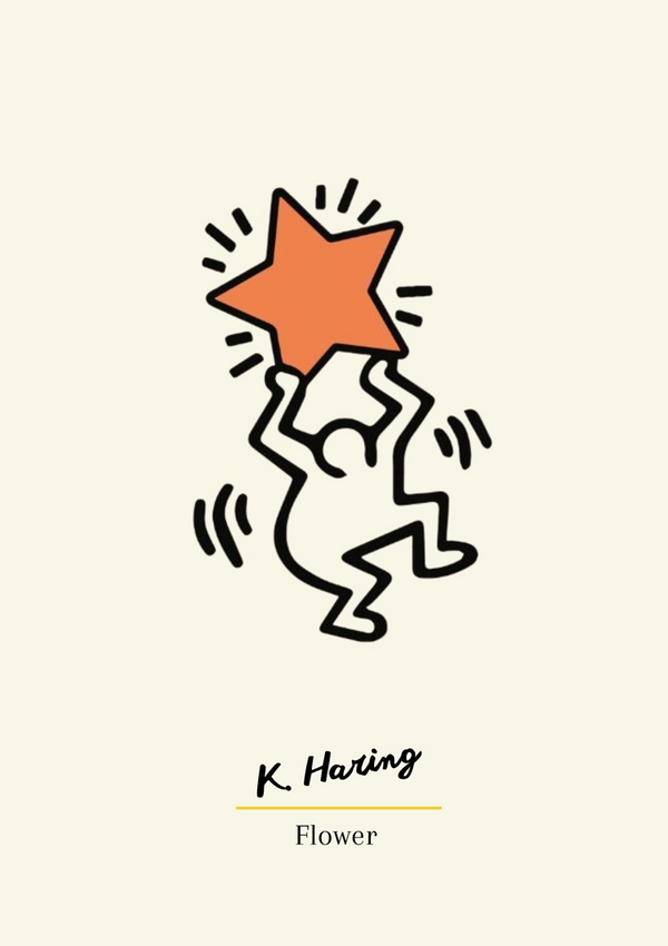 Illustratie geïnspireerd op de stijl van Keith Haring, met een vereenvoudigde menselijke figuur die naar boven reikt en een ster vasthoudt, tegen een lichtbeige achtergrond met de titel "Bloem" onderaan uit CollageDepot's product 026 - bestsellers.-