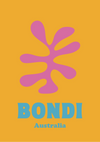 Een grafische poster met een opvallende, paarse abstracte vorm op een feloranje achtergrond met onderaan de tekst "BONDI Australia" in turquoise van CollageDepot's bestsellers product 041.-