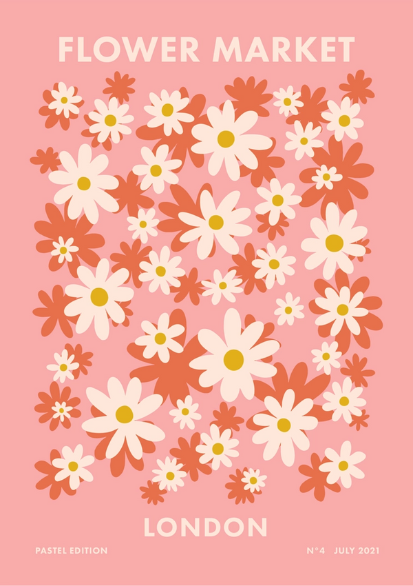 Een poster die een "Bloemenmarkt" in Londen aankondigt, pasteleditie voor juli 2021, met een patroon van witte en perzikkleurige bloemen tegen een zachtroze achtergrond uit de bestsellerscollectie van CollageDepot.-