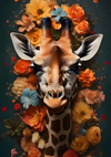De kop van een giraffe komt tevoorschijn uit een dichte cluster van kleurrijke bloemen in verschillende tinten oranje, geel en blauw, tegen een donkere blauwgroen achtergrond met CollageDepot's product 050 - bestsellers.-