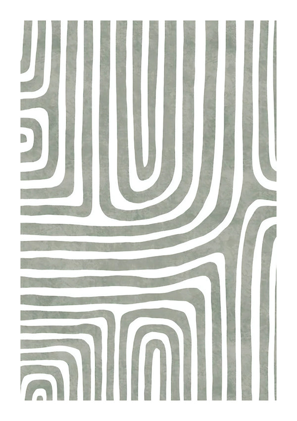 Een abstract schilderij Groene Ronde Lijnen van CollageDepot met een patroon van ongelijke, verticale en gebogen lijnen in grijs op een witte achtergrond. De lijnen vormen doolhofachtige vormen en kruisen elkaar op verschillende punten, waardoor een visueel ingewikkeld ontwerp ontstaat. Perfect als wanddecoratie met een eenvoudig magnetisch ophangsysteem voor een probleemloze presentatie.-