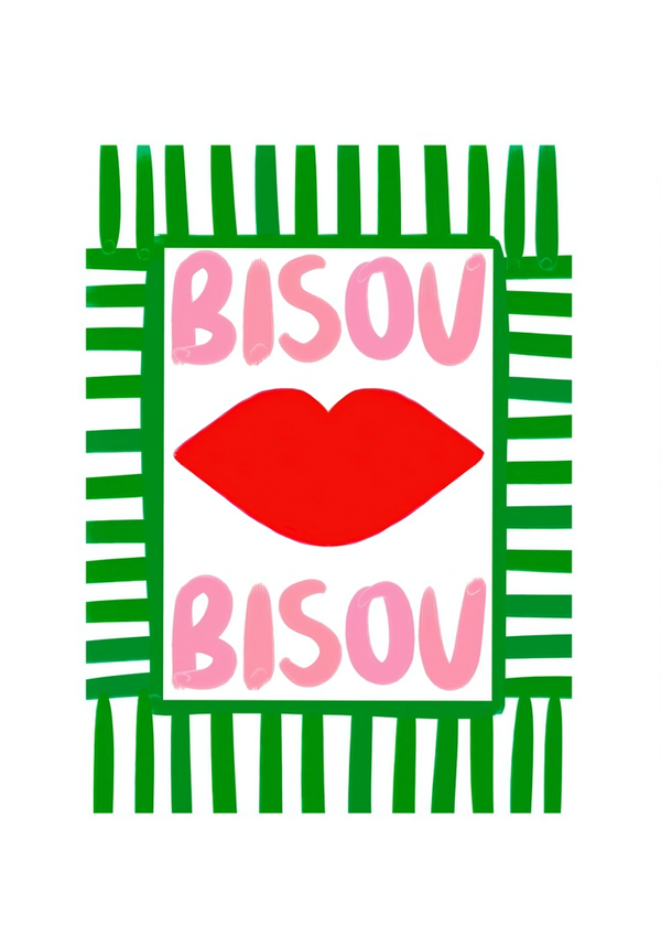 De afbeelding is voorzien van een centrale rode lip-graphic met het woord "BISOU" erboven en eronder in roze geschreven, op een witte achtergrond met een groen-wit gestreepte rand, wat zorgt voor een opvallend CollageDepot BISOU Schilderij.-