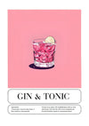 Illustratie van een CollageDepot gin-tonic in een glas met ijs en een schijfje limoen, op een roze achtergrond. Onder de afbeelding staat een recept met ingrediënten en bereidingsstappen.-