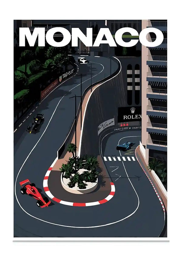 Illustratieve poster met een gestileerd beeld van de Grand Prix van Monaco, met raceauto's op een bochtig circuit, omgeven door prominente reclame en weelderig groen. Uit de bestsellerscollectie van CollageDepot staat bovenaan de vetgedrukte letters "MONACO".-