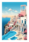 Illustratie van een pittoresk kustplaatsje met witte gebouwen en roze bougainville, met balkons met uitzicht op de zee en een helderblauwe lucht erboven, gemaakt met product 076 uit de bestsellerscollectie van CollageDepot.-