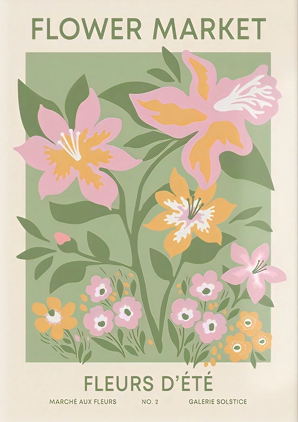 Een CollageDepot-poster met de titel "product 078 - bestsellers" met gestileerde illustraties van kleurrijke bloemen in roze, oranje en gele tinten tegen een lichtgroene achtergrond, met onderaan de tekst "Fleurs d’Été".-