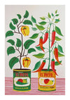 Illustratie van twee planten die groeien uit blikjes El Pato-salsa. Eén blikje met het opschrift "Salsa de Jalapeño" heeft een plant met groene bladeren en gele paprika. Het andere blikje met het opschrift "Salsa de Chile Fresco" heeft een plant met rode en groene chilipepers. Perfect als wanddecoratie met een magnetisch ophangsysteem. Maak kennis met het Salsa Blikjes Schilderij van CollageDepot.-