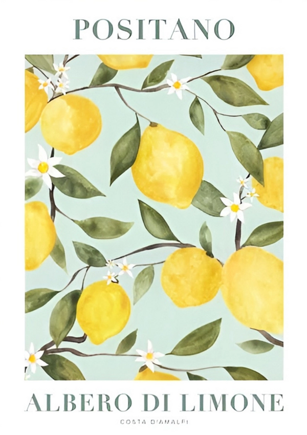 Een grafische illustratie met gele citroenen op groene takken met witte bloemen, tegen een lichte muntachtergrond. De tekst "Positano Albero Di Limone" wordt bovenaan en onderaan het product 082 - bestsellers van CollageDepot weergegeven.-