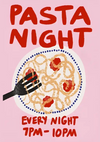 Geïllustreerde poster met de titel "Pasta Night", met een hand met een vork die spaghetti ronddraait op een bord. De tekst luidt "Elke nacht 19.00 - 22.00 uur" tegen een roze achtergrond uit CollageDepot's product 086 - bestsellers.-