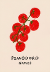 Illustratie van een levendige rode tros tomaten aan een tros, tegen een bleke achtergrond, met onderaan het opschrift "product 087 - bestsellers" in zwart schrift door CollageDepot.-