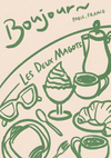 Illustratie met een verzameling items op een tafel, waaronder een bril, een croissant, een kopje, een lepel en een dessert, met bovenaan de woorden "Bonjour" en "Les Deux Magots, Parijs, Frankrijk". presentatie van CollageDepot's product 089 - bestsellers.-