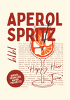 Grafische poster van een Aperol Spritz-cocktailrecept met Prosecco, Aperol, bruisend water en schijfje sinaasappel, bedekt met script en typografische tekst die de geschiedenis en bereiding van het drankje beschrijven uit CollageDepot's product 091 - bestsellers.-