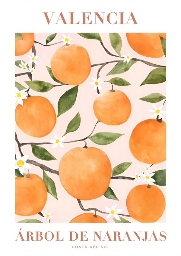 Illustratieve reisposter met de titel "Valencia", met levendige oranje vruchten in aquarelstijl op takken met groene bladeren en witte bloemen, met de tekst "Árbol de Naranjas, Costa del Sol" hieronder uit CollageDepot's product 092 - bestsellers.-