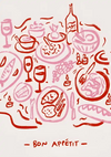 Illustratie van een feestelijke maaltijdopstelling met verschillende gerechten zoals soep, vis, brood en pasta uit de bestsellers van CollageDepot, drankjes zoals wijn en kaarsen, omgeven door bestek en met het onderschrift "Bon Appétit".-