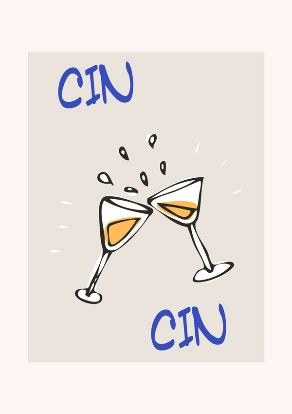 Illustratie van twee rammelende martiniglazen waar vloeistof uit spat, en het woord "CIN" verschijnt erboven en eronder. De achtergrond is lichtbeige van kleur. - CollageDepot product 094 - bestsellers-