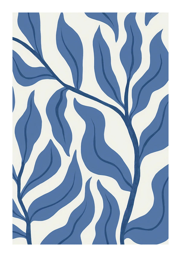 Abstract ontwerp met ronde blauwe bladeren en stengels op een lichte achtergrond, waardoor een gestileerd botanisch patroon ontstaat van CollageDepot's product 096 - bestsellers.-