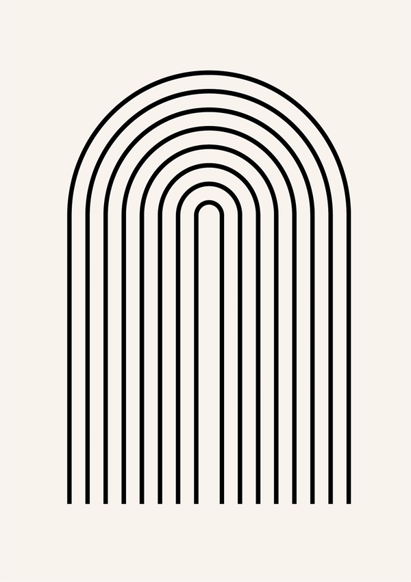 Zwarte lijnen vormen een halfrond, boogachtig patroon op een effen beige achtergrond, waardoor een minimalistisch geometrisch ontwerp ontstaat in CollageDepot's product 101 - bestsellers.-