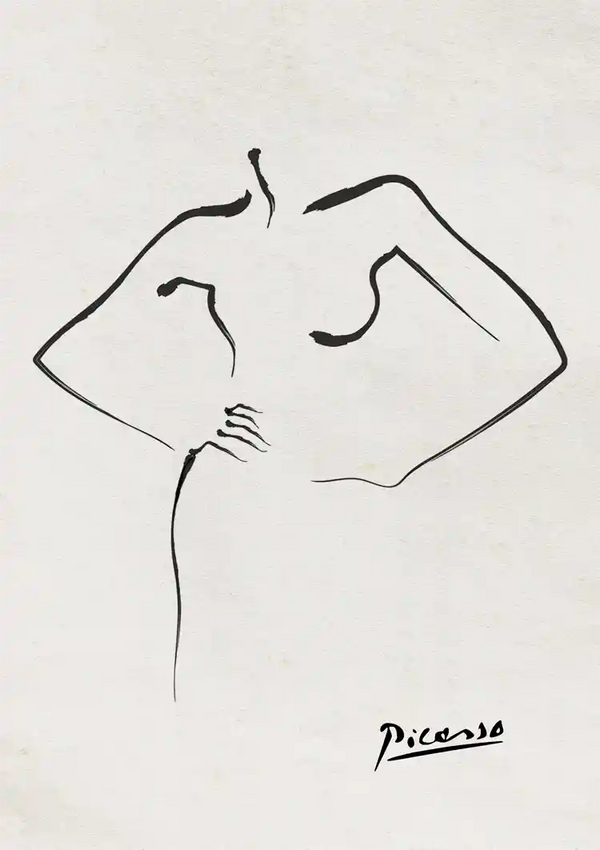 Een minimalistische lijntekening van Picasso met een enkele doorlopende lijn die de abstracte vorm vormt van een menselijke figuur met armen boven zijn hoofd. Onderaan staat de handtekening van de kunstenaar, gemaakt met het product 103 - bestsellers van CollageDepot.-