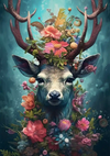 Digitaal kunstwerk van een hert met een uitgebreide weergave van kleurrijke bloemen en fruit verweven in het grote gewei, tegen een levendige blauwe achtergrond uit CollageDepot's product 107 - bestsellers.-