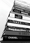 Een stapel modegerelateerde boeken met prominente merknamen als Chanel en Dior, samen met titels over bekende modefiguren en kunsttijdschriften, tegen een witte achtergrond door CollageDepot's ab 044 - zwart-wit.-