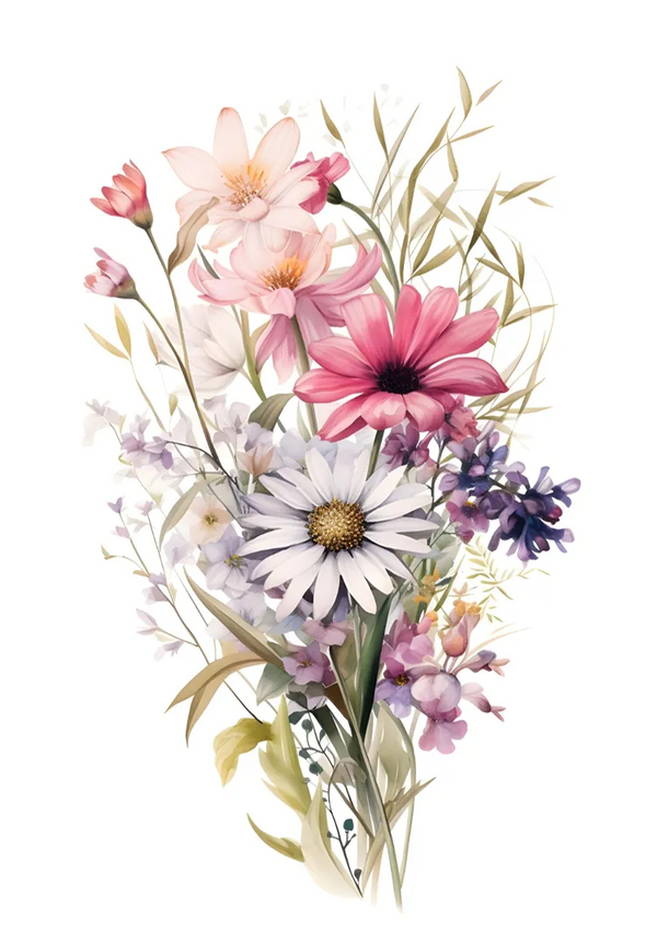 Een botanische illustratie van verschillende bloemen, waaronder roze lelies, madeliefjes en kleine paarse bloemen, gerangschikt in een los boeket met groene bladstelen op een witte achtergrond van het product aba 006 - bloemen van CollageDepot.-